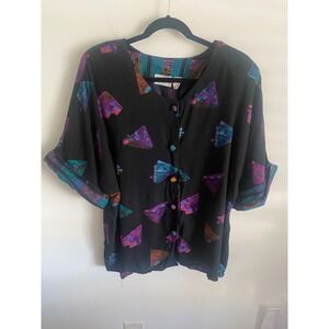 Adrian Jordan Vintage 80s 90s Geometric Rayon Button Up Blouse Black Plus 22/24